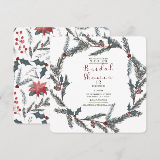 Invitation Couronne de Noël en pin baies pour douche de marié (Devant / Derrière)