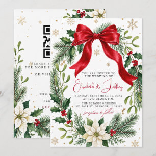 Invitation Couronne de Noël Fleurs Ruban Rouge QR Code Mariag