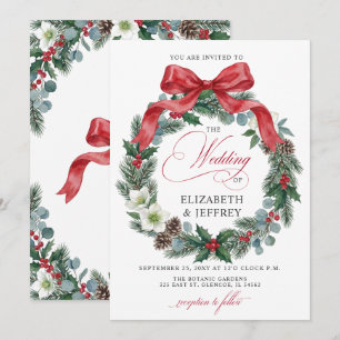 Invitation Couronne de Noël florale à ruban rouge pour mariag