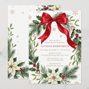 Invitation Couronne de Noël Hiver Baby Shower Ruban Rouge