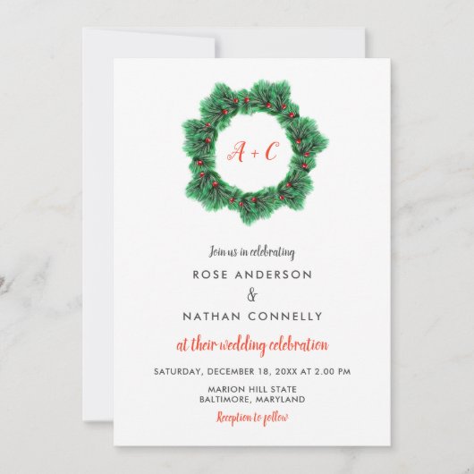 Invitation Couronne de Noël | Monogramme de mariage d'hiver (Devant)