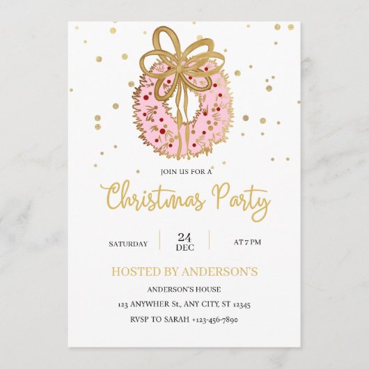 Invitation Couronne de Noël rose avec ruban doré (Devant)