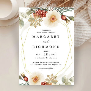Invitation Couronne de Noël Rouge Vert & Or Mariage d'Hiver