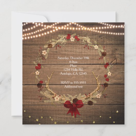 Invitation Couronne de Noël rustique à cerfs Bois & Lumières (Dos)