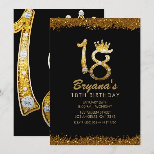 Invitation Couronne de paillettes dorées diamant bling 18e 18 (Devant / Derrière)