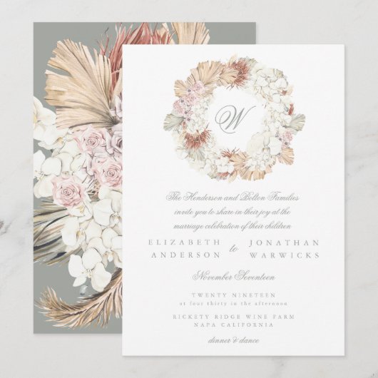 Invitation Couronne de Pampas Mousse Sage Vert Monogramme Élé (Devant / Derrière)