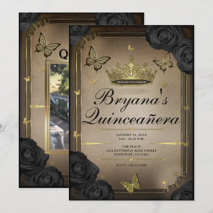 Invitation Couronne de papillon en or Roses noires Quinceañer