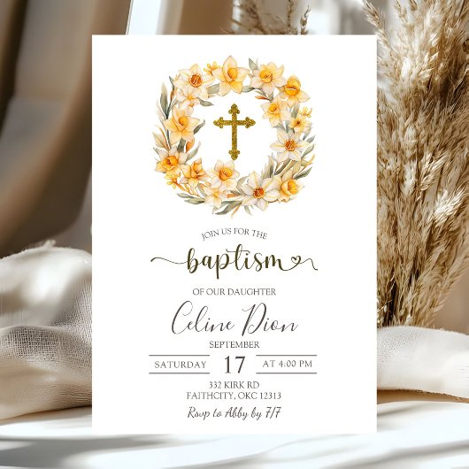 Invitation Couronne de Pâques Fleurie Jonquille Baptême