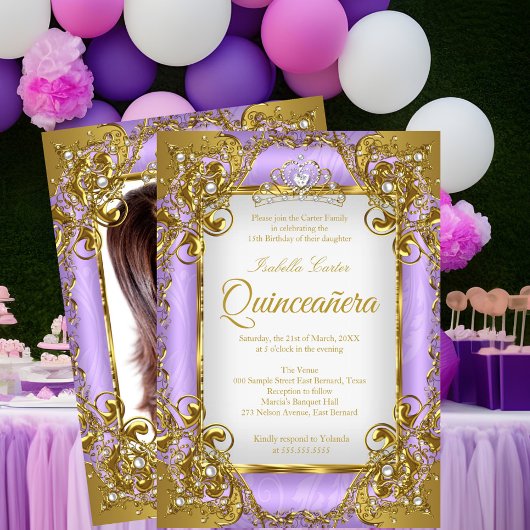 Invitation Couronne de perles dorées violettes blanches pour
