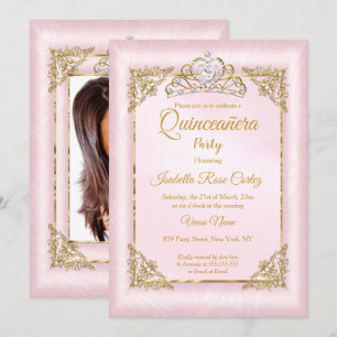 Invitation Couronne de photo en damas rose blush de Quinceane