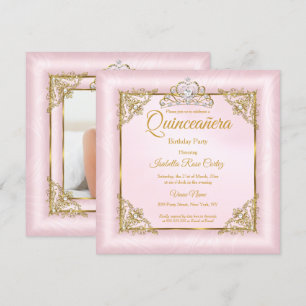 Invitation Couronne de photos en or rose damassé pour Quincea
