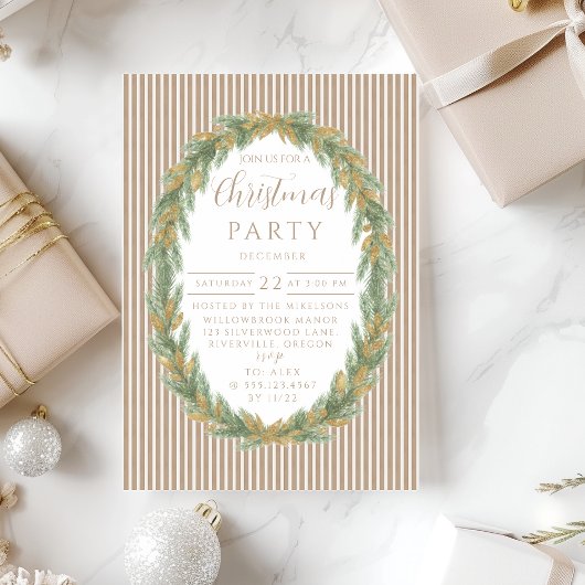 Invitation Couronne de pin à rayure dorée Noël