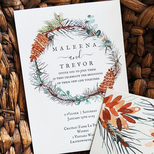Invitation Couronne de Pinecone d'hiver, Mariage d'Eucalyptus
