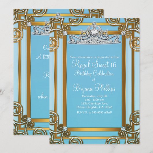 Invitation Couronne de princesse bleue et or Tiare Sweet 16 P (Devant / Derrière)