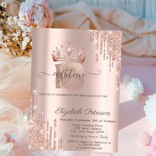 Invitation Couronne de princesse chic paillettes gouttes rose