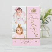 Invitation Couronne de princesse coeurs rose et or 2 photos p (Debout devant)