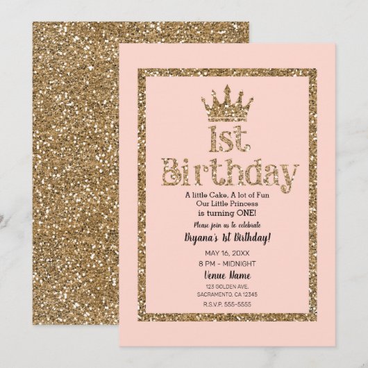 Invitation Couronne de Princesse de 1er Anniversaire en Paill (Devant / Derrière)