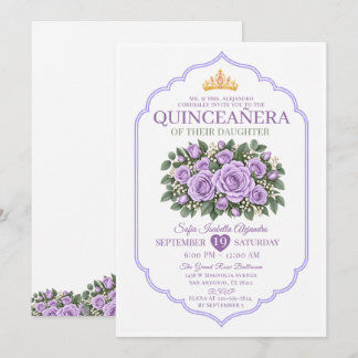 Invitation Couronne de princesse Elégante Roses Lavande Quinc