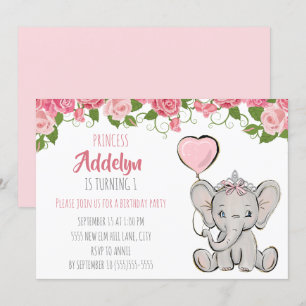 Invitation Couronne de princesse éléphant rose florale 1er an