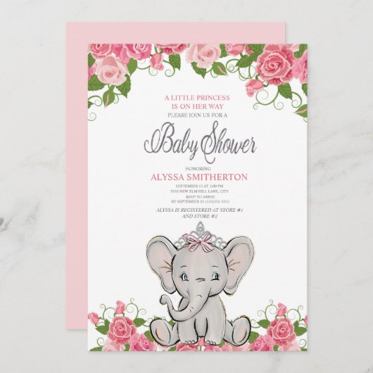 Invitation Couronne de princesse pour bébé fille Éléphant Ros (Devant / Derrière)