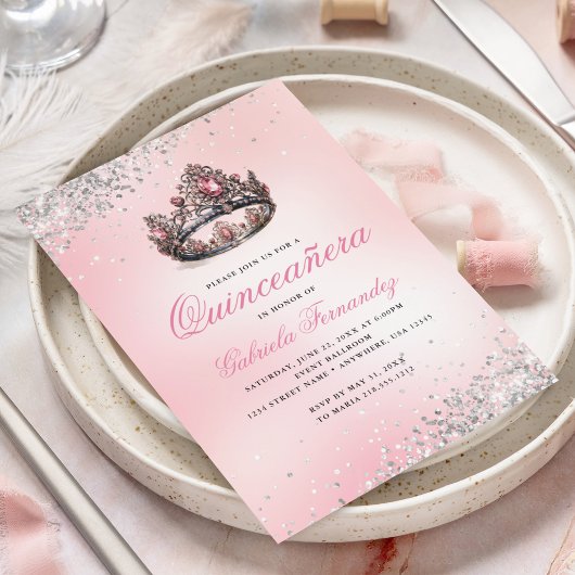 Invitation Couronne de princesse rose élégante Quinceanera