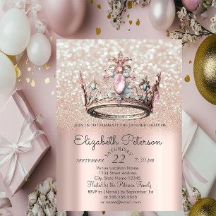 Invitation Couronne de princesse Rose Gold Bokeh 18e Annivers