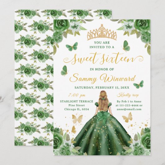 Invitation Couronne de Princesse Seize Ans Sucrée Fleurs Vert (Devant / Derrière)