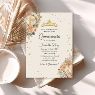 Invitation Couronne de Quinceanera Crème Fleurie de Pêche et 