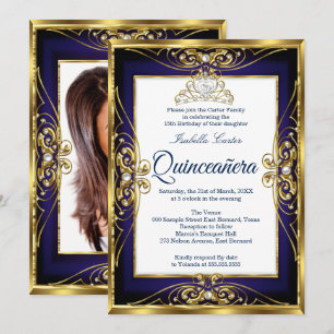 Invitation Couronne de Quinceanera élite 15ème or bleu marine