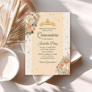 Invitation Couronne de Quinceañera Fleurie et Dorée à Crème d