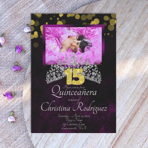 Invitation Couronne de Quinceañera noire, or, violette Invita