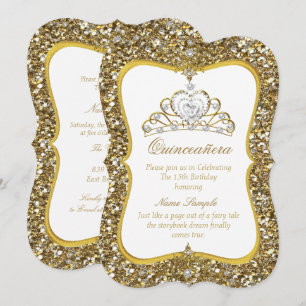 Invitation Couronne de Quinceañera pailletée or blanc perle I