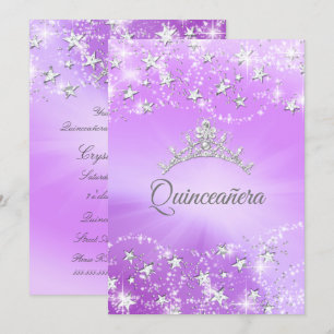 Invitation Couronne de Quinceanera Violet Argent Pailletée Ét