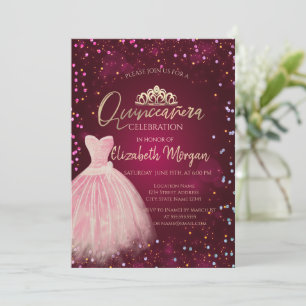 Invitation Couronne de robe chic, diamants Burgundy Quinceañe