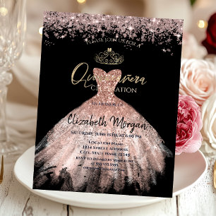 Invitation Couronne de robe chic, diamants Quinceañera noire