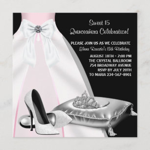 Invitation Couronne de robe de soirée rose noire Quinceanera