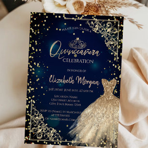 Invitation Couronne de robe dorée, diamants Quinceañera bleu