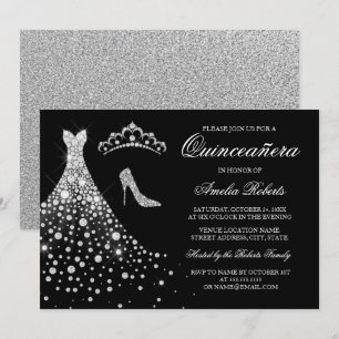 Invitation Couronne de robe en diamant noir argenté Quinceane