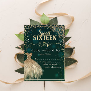 Invitation Couronne de Robe Vert Or, Diamants Sweet 16 RSVP
