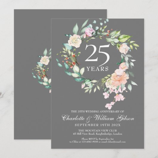 Invitation Couronne de roses argentées pour 25e anniversaire (Devant / Derrière)
