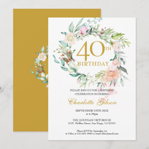 Invitation Couronne de roses d'été pour 40 ans avec monogramm