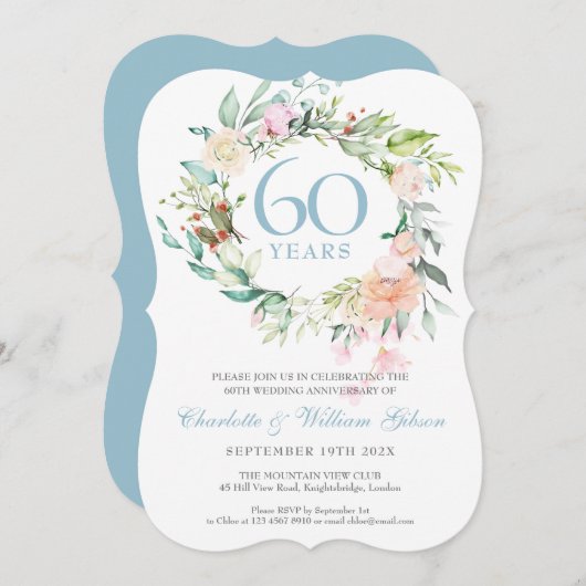 Invitation Couronne de roses d'été pour les 60 ans / 75 ans d (Devant / Derrière)