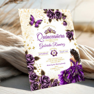 Invitation Couronne de roses dorées violettes pour Quinceañer