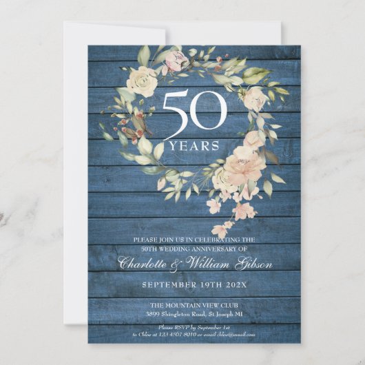 Invitation Couronne de roses en bois rustique bleu pour 50e a (Devant)