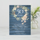 Invitation Couronne de roses en bois rustique bleu pour 50e a (Debout devant)