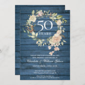 Invitation Couronne de roses en bois rustique bleu pour 50e a (Devant / Derrière)