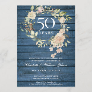 Invitation Couronne de roses en bois rustique bleu pour 50e a