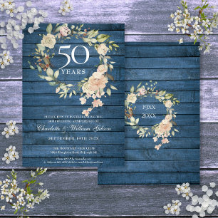 Invitation Couronne de roses en bois rustique bleu pour 50e a