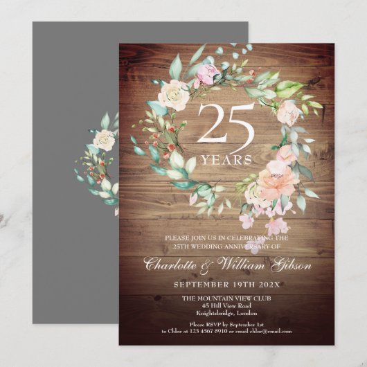 Invitation Couronne de roses en bois Rustique Bohème pour 25e (Devant / Derrière)