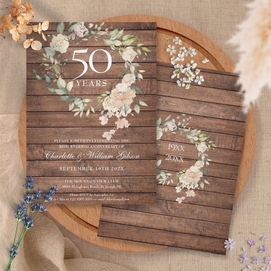 Invitation Couronne de roses en bois rustique pour 50 ans de 